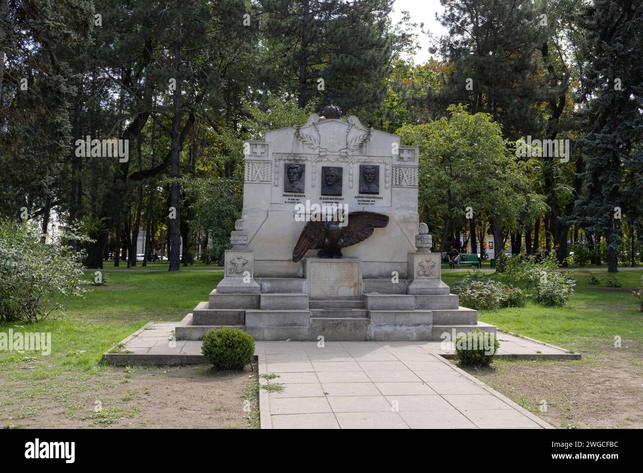 Moldova. Chisinau. 08.09.2023. The Nativity of Christ Metropolitan Cathedral. Monument to Simion Murafa, Alexei Mateevici and Andrei Hodorogea Stock Photo