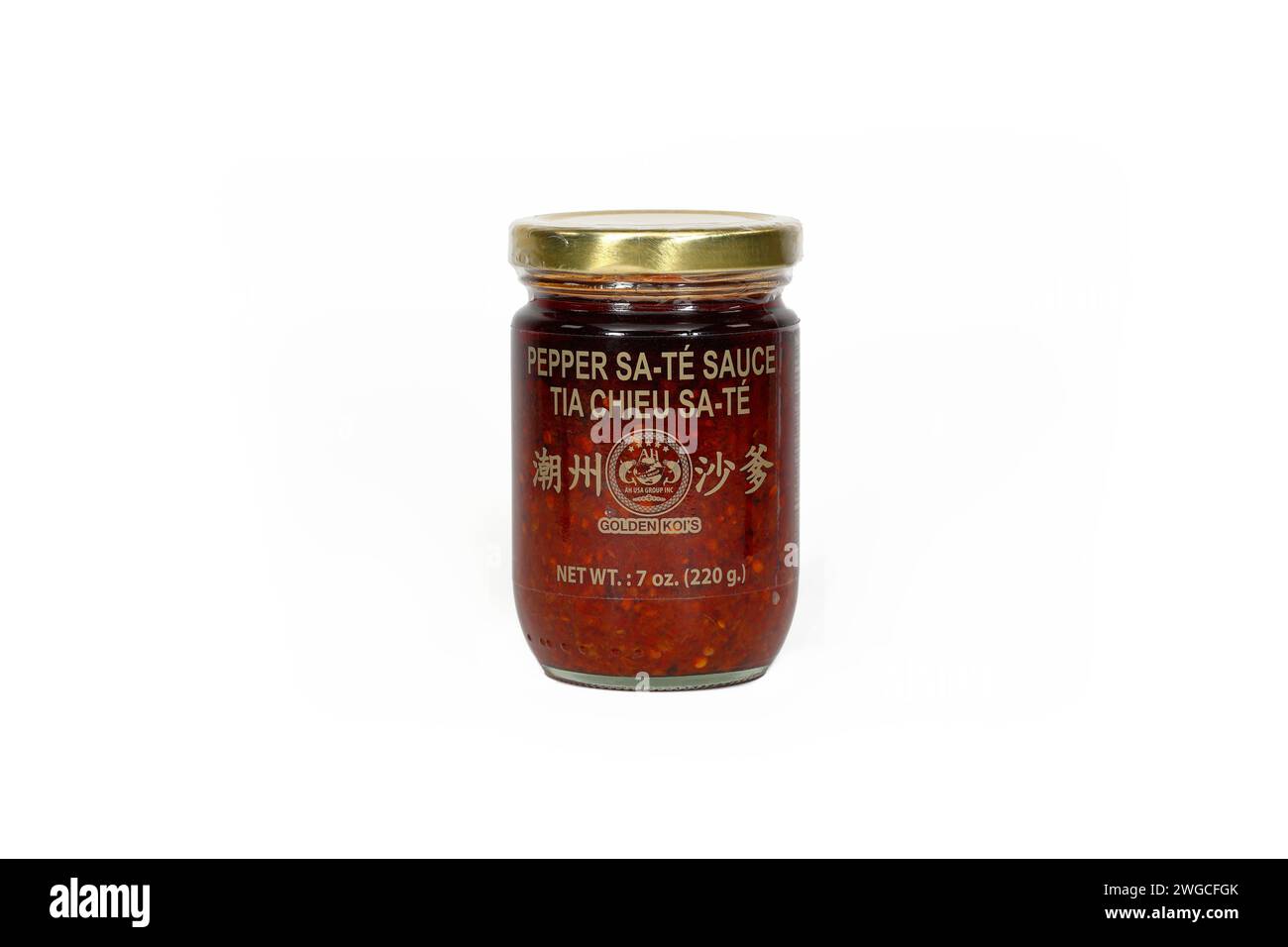 A jar of Golden Koi's Pepper Tia Chieu Sa-te Sauce 潮州沙爹 Teochew satay sauce, Chiuchow barbeque sauce, isolated on a white background. Stock Photo