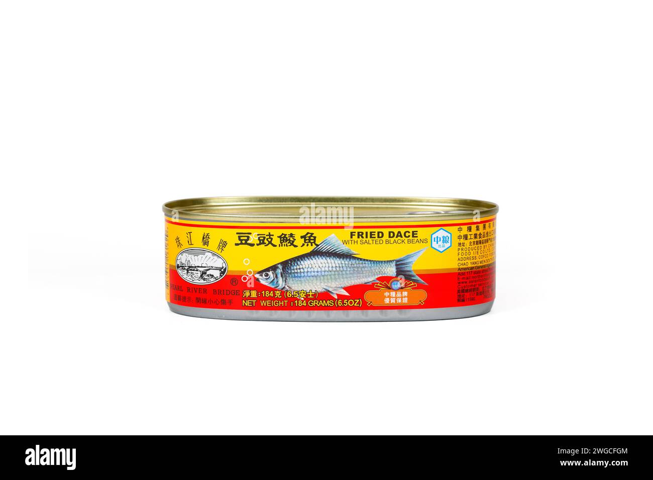 A can of Pearl River Bridge Fried Dace with Salted Black Beans 珠江橋牌 豆豉鯪魚 crispy fried mud carp Cirrhinus molitorella isolated on a white background. Stock Photo