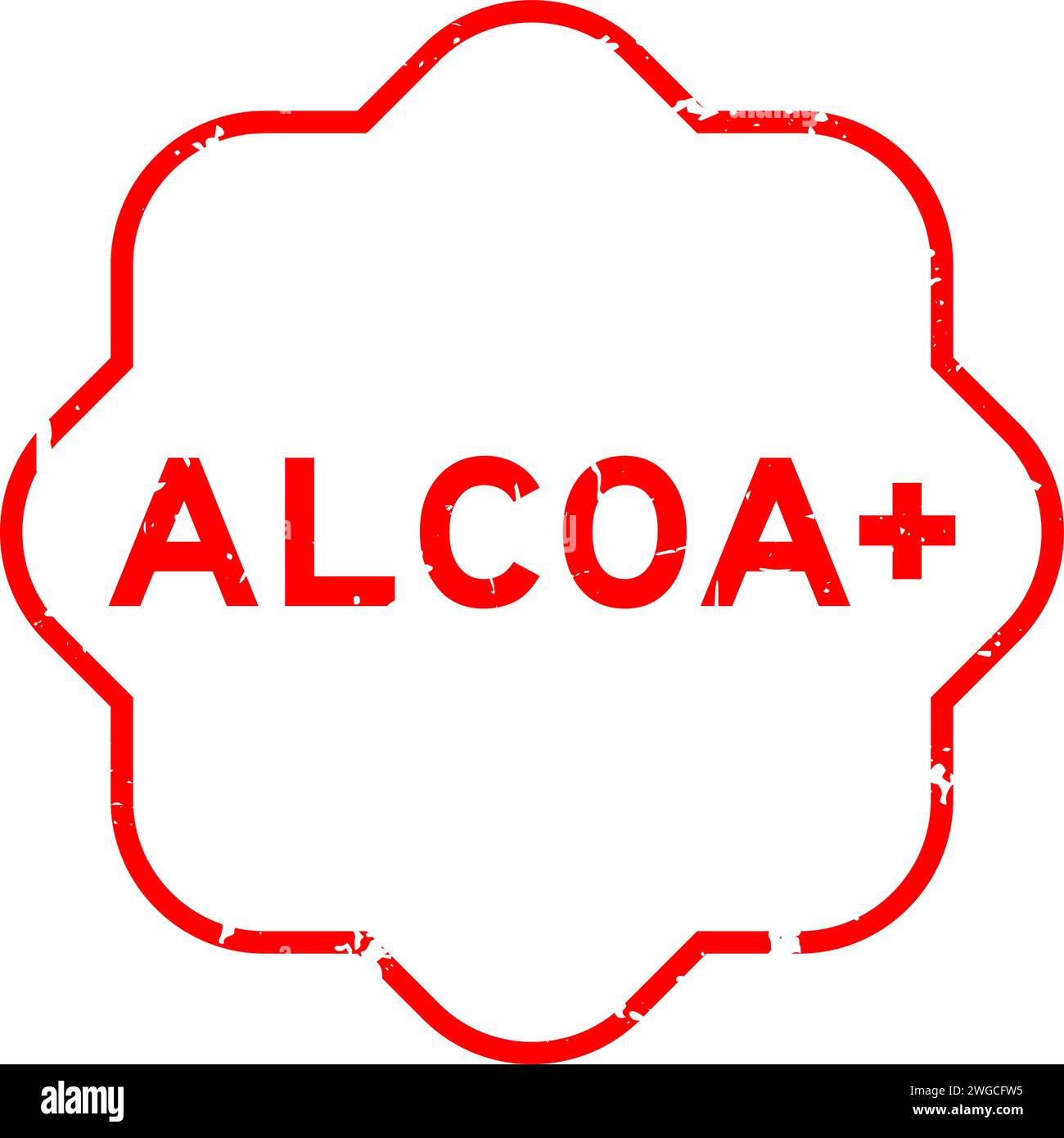 Grunge red ALCOA (Abbreviation of Attributable, Legible, Contemporaneous, Original and Accurate) plus word rubber seal stamp on white background Stock Vector