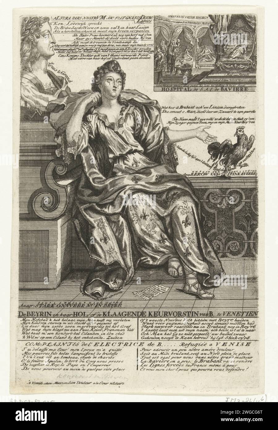 Complaint from the Elector of Bavaria, 1705, 1705 - 1706 print Complaint from Theresia Kunigunde Sobieska, Elector of Bavaria (the wife of Maximilian II Emanuel, Elector of Bavaria), 1705. On the left a large bust of King Louis XIV. Verses in Dutch and French in the record. Part of a series of 7 cartoons on the French and allies from the year 1705. print maker: Northern Netherlandspublisher: Amsterdam paper etching political caricatures and satires Venice Stock Photo