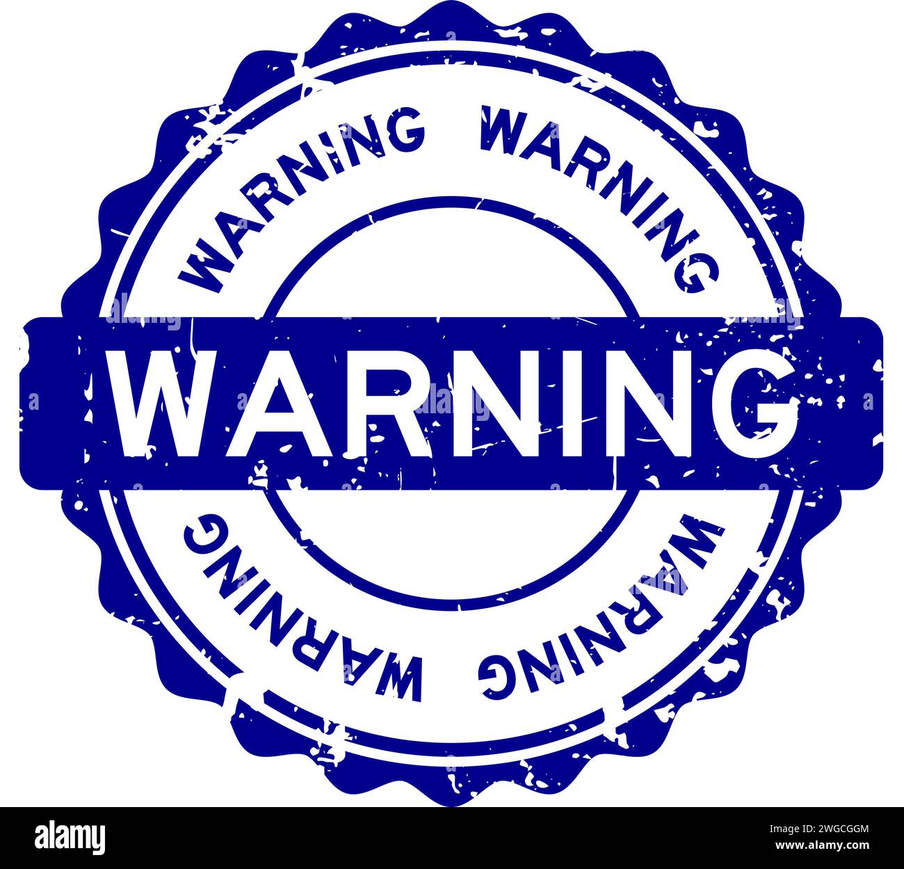 Grunge blue warning word round rubber seal stamp on white background