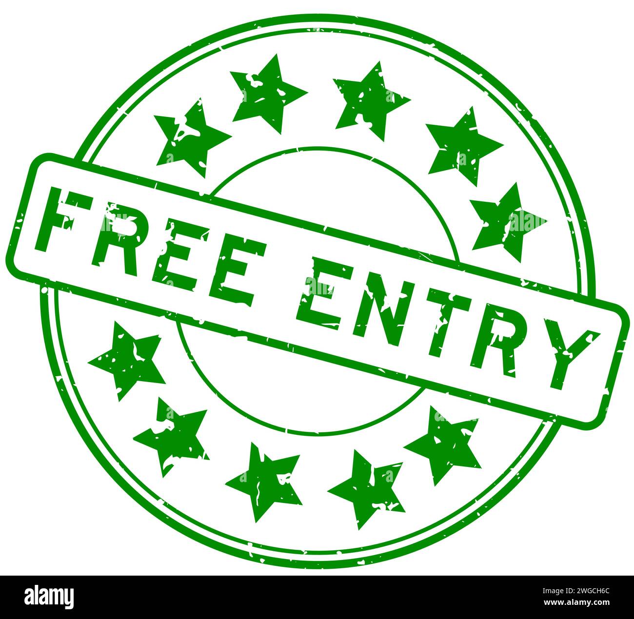 Grunge green free entry word with star icon round rubber seal stamp on white background Stock Vector