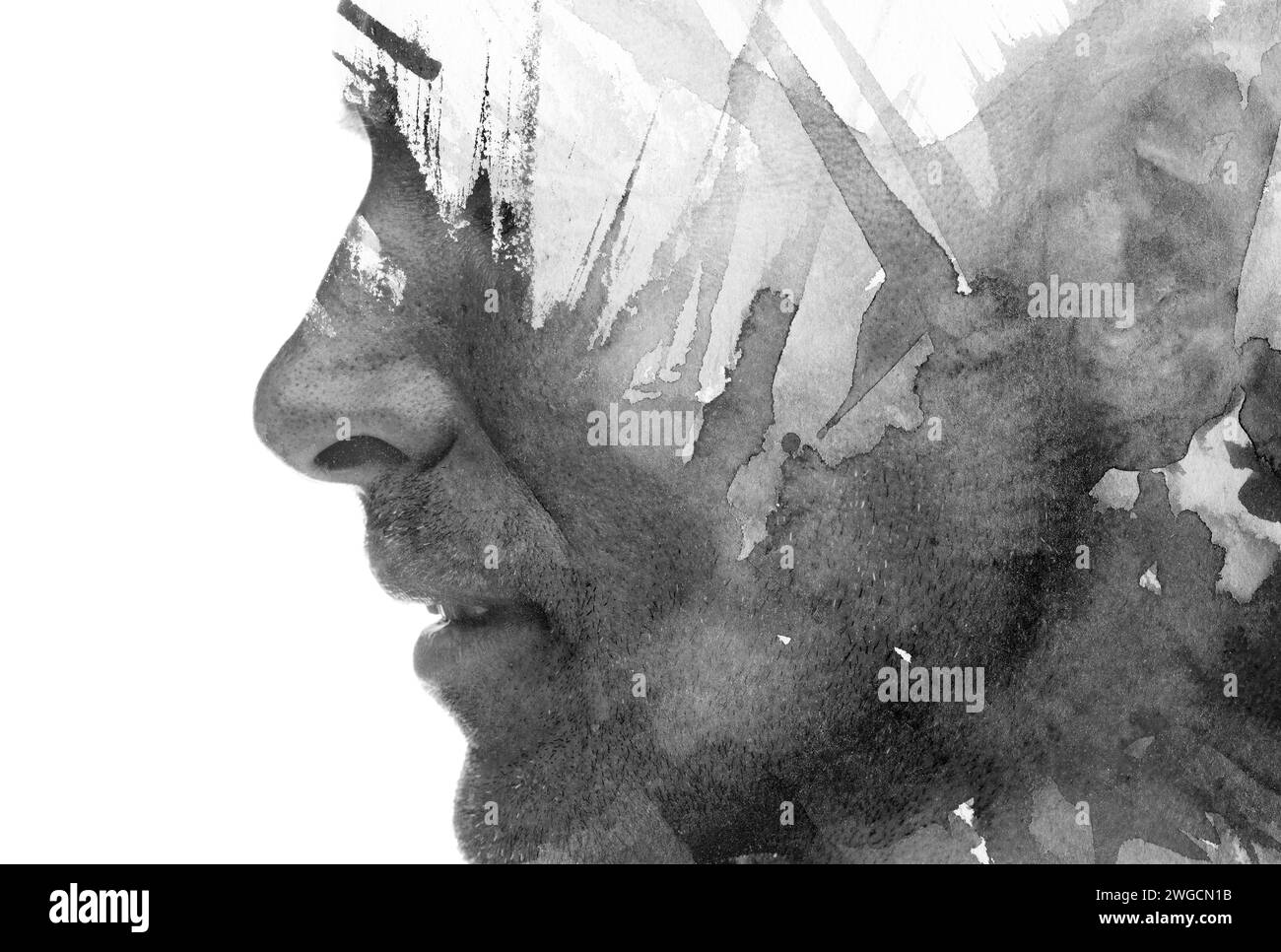 A black and white double exposure paintography portrait of a man's profile Stock Photo