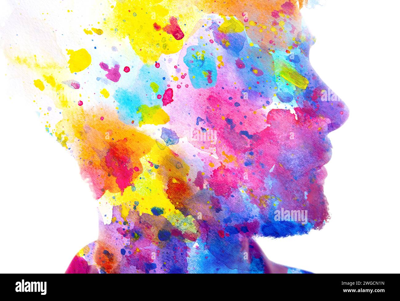 A colorful male profile silhouette in a double exposure paintography ...