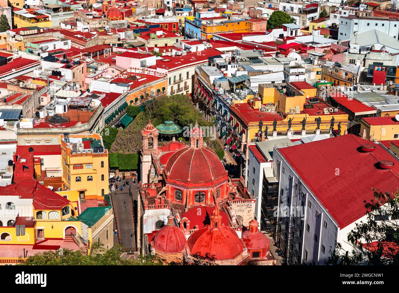 Aerial view of Guanajuato above San Diego de Alcala Temple in Mexico Stock Photo