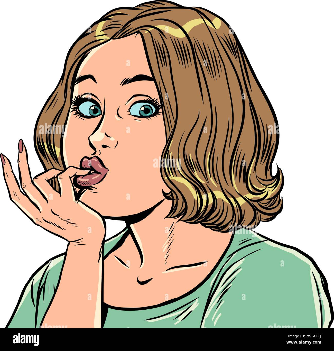The personal care salon offers an interesting offer. The girl with an astonished look holds her fingers next to her lips. Surprise by unexpected infor Stock Vector