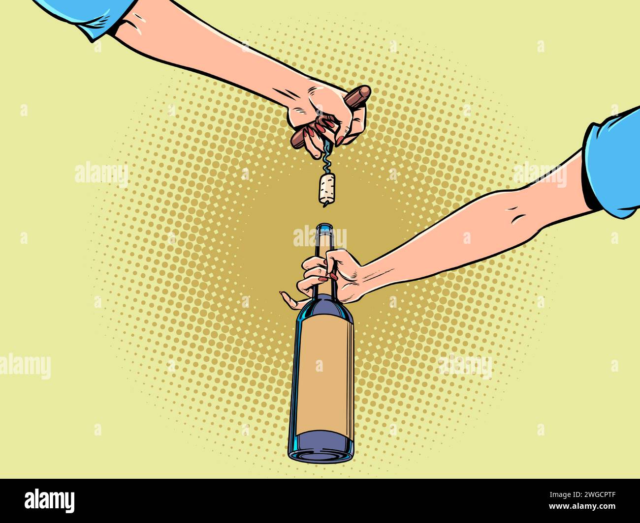 Female hands open a bottle cap. Unique drinks from all over the world in the restaurant. Interesting offers of alcoholic products. Comic cartoon pop a Stock Vector