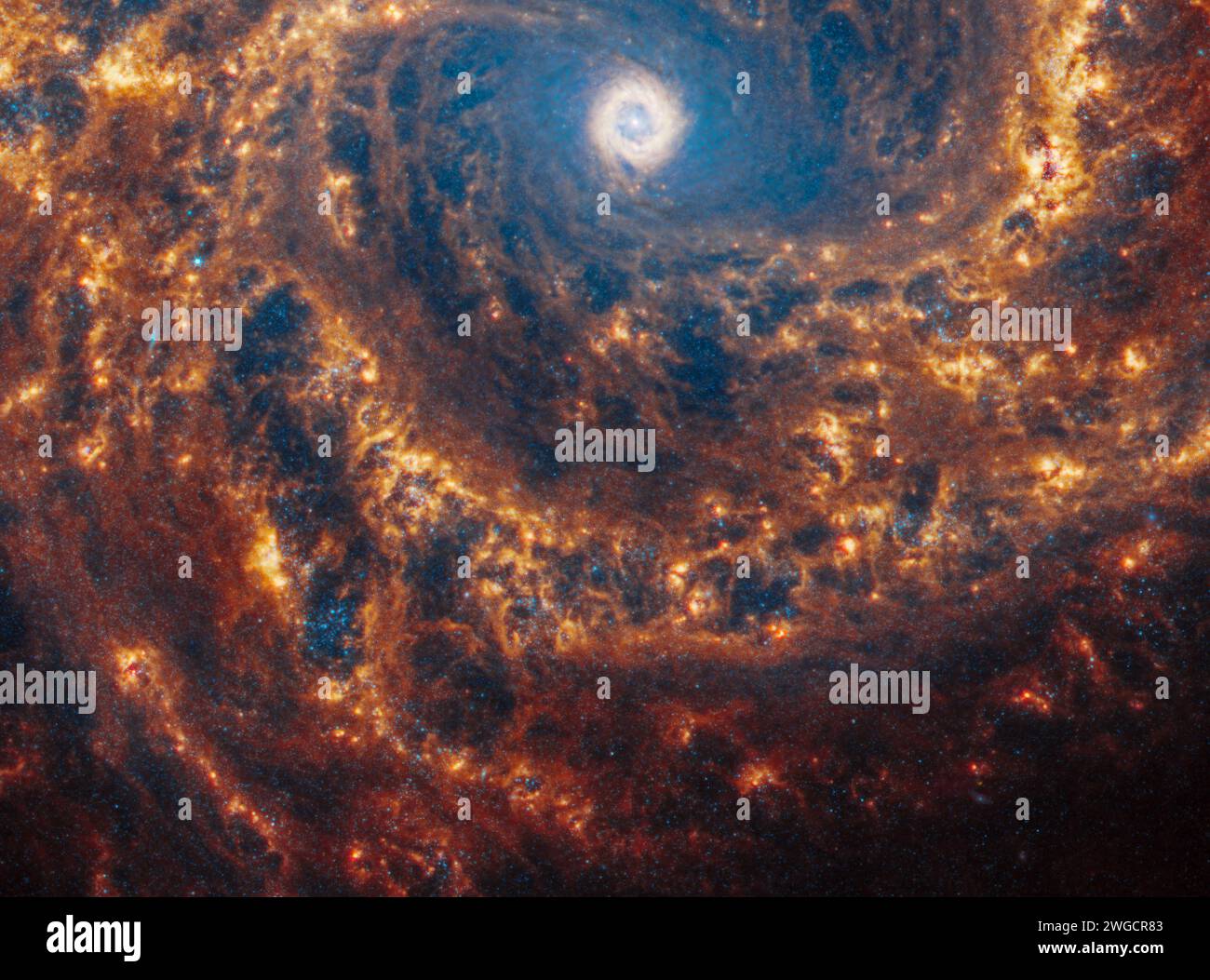 Face-on spiral galaxy, NGC 4303. Bright orange and red galactic long-range captured imagery. Elements of this image furnished by NASA (observed by the Stock Photo