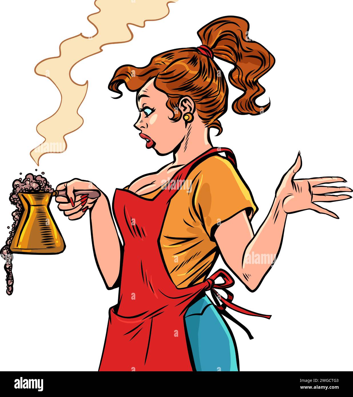 The fast food barista is confused by what is happening. A girl in an apron prepares coffee. The coffee ran out while brewing. Comic cartoon pop art re Stock Vector