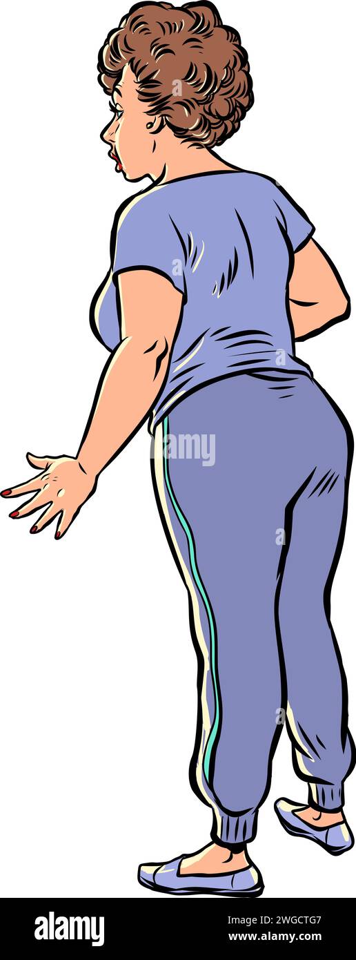 A woman in home clothes stands and looks. Comfort for everyday life. Purple uniform or pajamas. Comic cartoon pop art retro vector illustration hand d Stock Vector