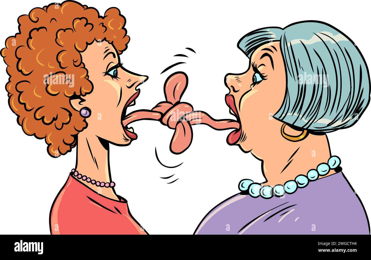The tongue sometimes hurts more than a knife. Arguing between people does not lead to anything good. Two aged women stand opposite each other with int Stock Vector