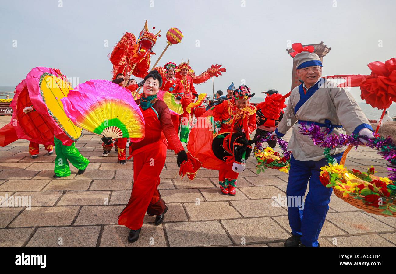 Beijing, China's Shandong Province. 4th Feb, 2024. Folk artists perform on the day of 'Lichun', meaning the beginning of spring, the first solar term in the traditional Chinese lunar calendar, in Rongcheng, east China's Shandong Province, Feb. 4, 2024. Credit: Li Xinjun/Xinhua/Alamy Live News Stock Photo