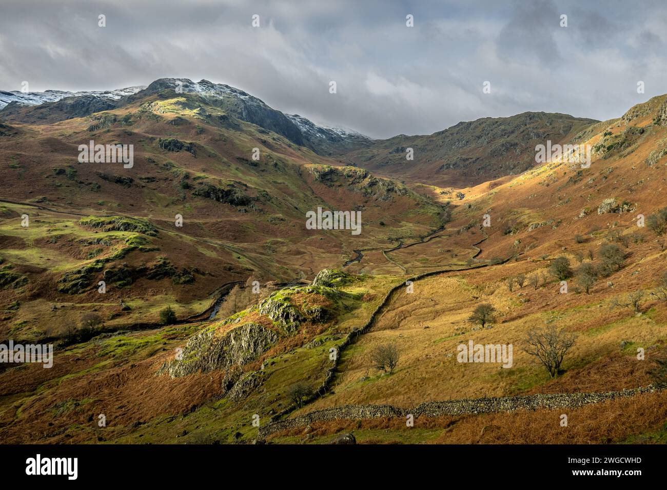 Looking up Far Easedale from the lower slopes of Helm Crag Stock Photo