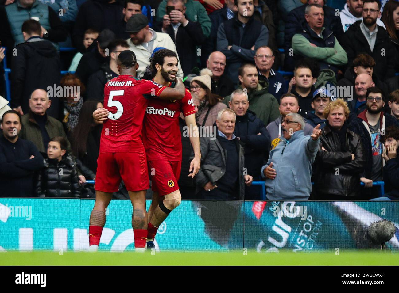 LONDON, UK - 4th Feb 2024:  Rayan Ait-Nouri of Wolverhampton Wanderers celebrates scoring his side's second goal with team mate Mario Lemina during the Premier League match between Chelsea FC and Wolverhampton Wanderers at Stamford Bridge  (Credit: Craig Mercer/ Alamy Live News) Stock Photo