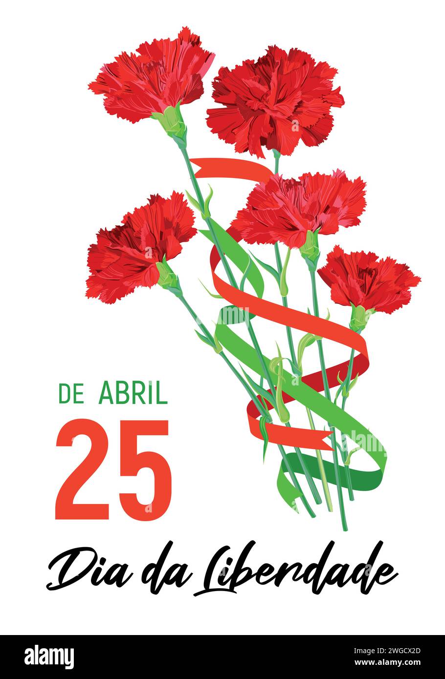 Portugal Freedom Day vector banner template. Realistic red carnations - a symbol of the Carnation Revolution, a ribbon in the colors of the national f Stock Vector
