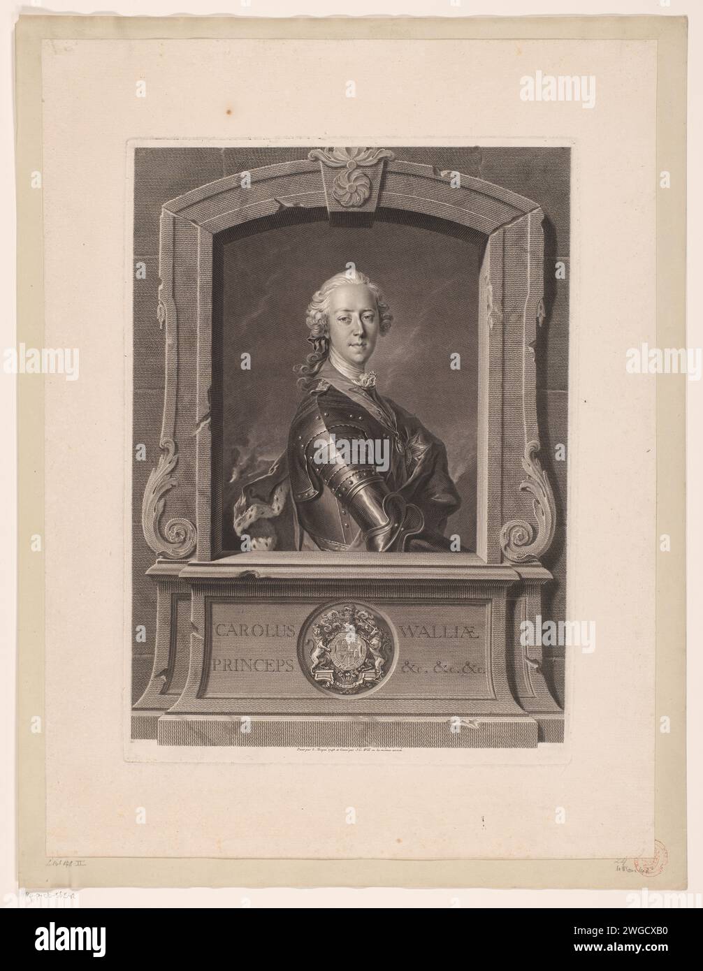 Portrait of Karel Eduard Stuart, Johann Georg Wille, After Louis Tocqué, 1748 print   paper engraving / etching prince. historical persons. armorial bearing, heraldry Stock Photo