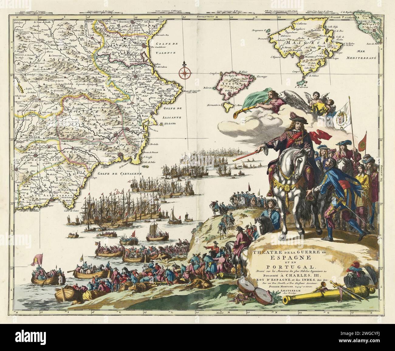 Vintage Map "Theatre de la Guerre en Espagne et en Portugal", illustrating the fields of battles in Spain and Portugal.  print maker Jan Luyken, 1703 Stock Photo