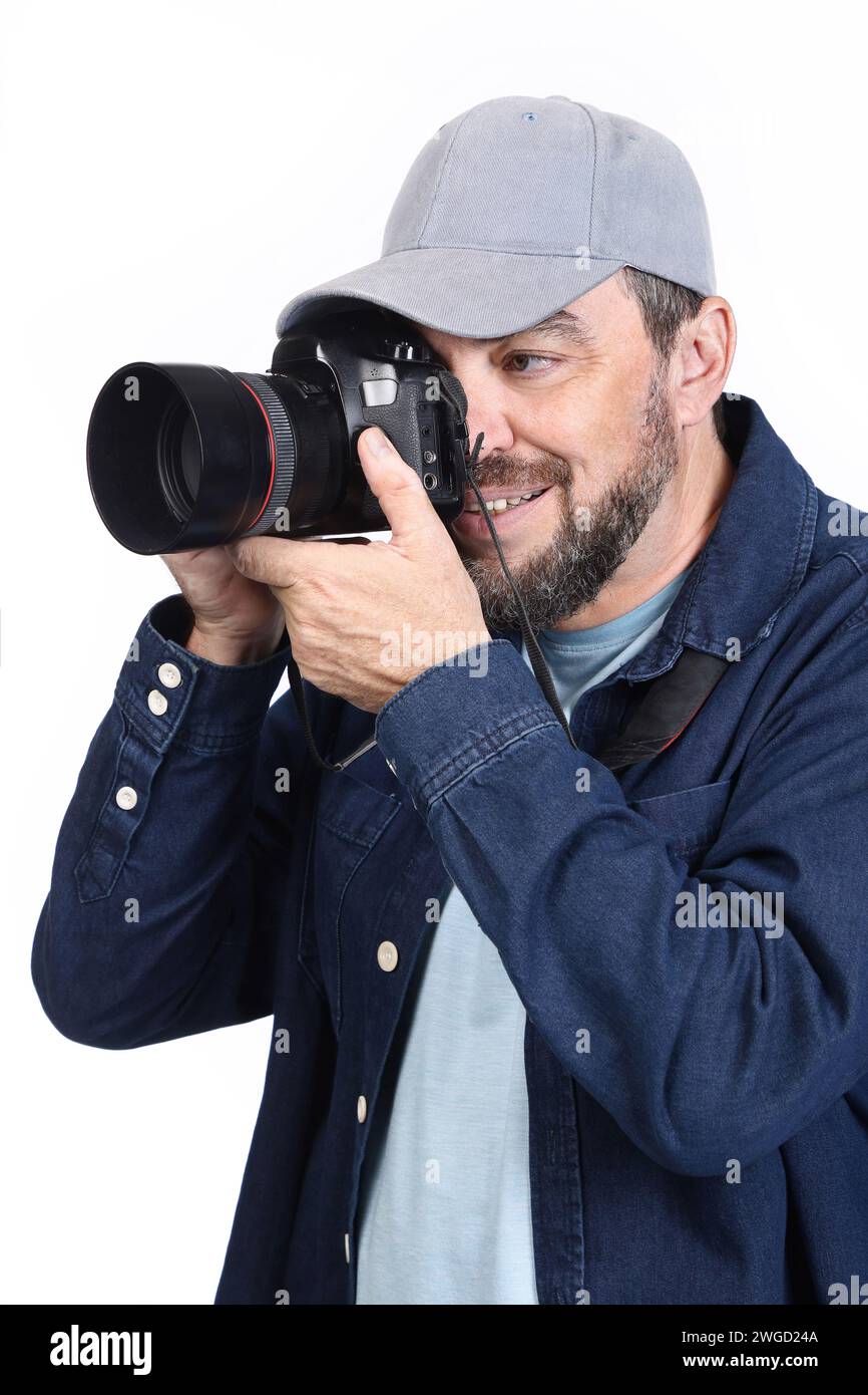 Photographer with camera isolated on white background Stock Photo