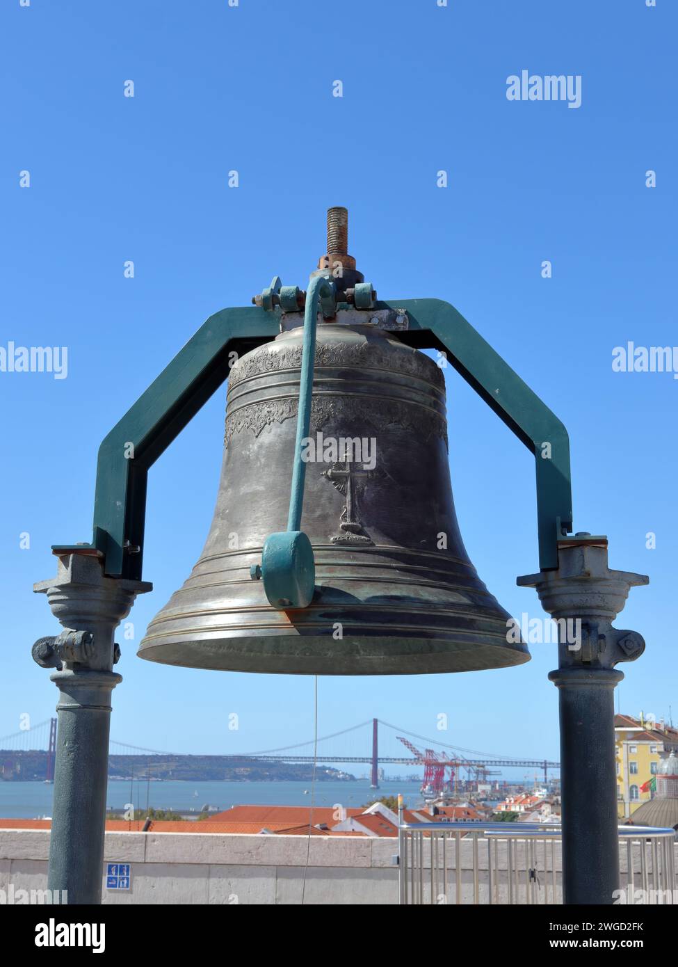 Large Bell At The Top Of Rua Augusta Arch (Arco da Rua Augusta) in Lisbon Stock Photo