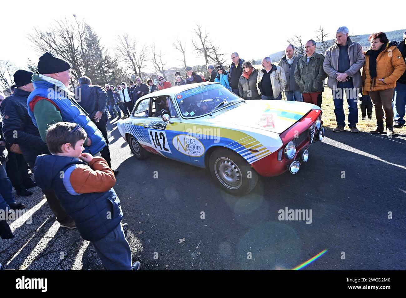 Saint Bonnet Le Froid, France. 04th Feb, 2024. © PHOTOPQR/LE PROGRES/Rémy PERRIN - Saint-Bonnet-le-Froid 04/02/2024 - Rallye Monte-Carlo Historique 2024 -26e Rallye Monte-Carlo Historique Deuxième journée de course entre Ardèche et Haute-Loire avec la classique de Saint-Bonnet-le-Froid (27.193 km). ambiance course WOLF Sébastien ALFA-ROMEO GIULIA SPRINT GT 1965 Rallye Monte-Carlo Historique 2024 in Saint-Bonnet-le-Froid, France, on February 4, 2024. *** Local Caption *** Credit: MAXPPP/Alamy Live News Stock Photo