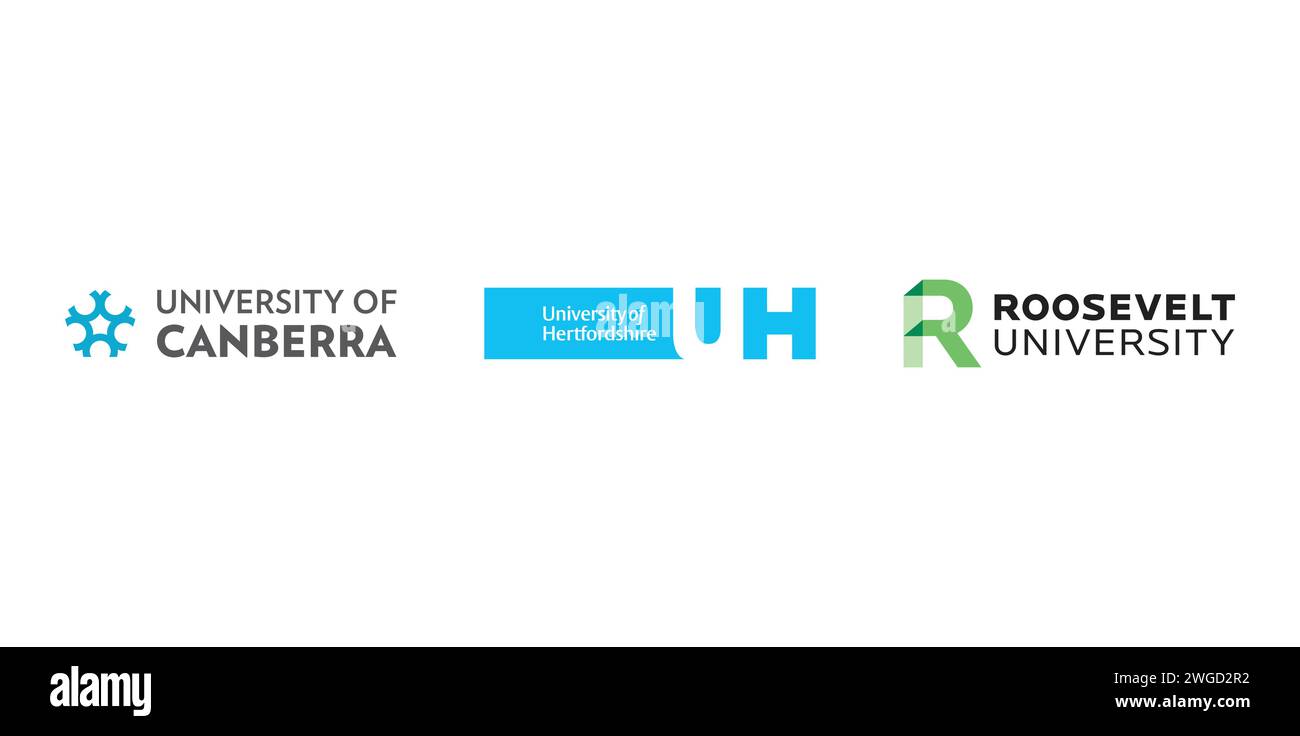 University of Canberra, University of Hertfordshire, Roosevelt University. Editorial brand emblem. Stock Vector