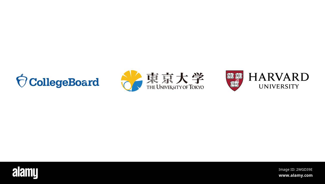 College Board, University of Tokyo, Harvard University. Editorial brand emblem. Stock Vector