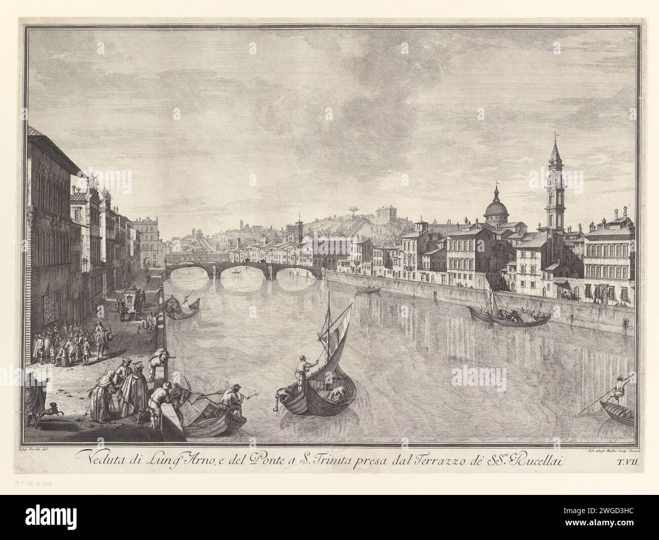 View of the Arno, the Ponte Santa Trinita and the dome and bell tower of the Basilica di Santo Spirito, Johann Sebastian Müller, After Giuseppe Zocchi, 1744 - 1800 print Text in Latin in the lower margin. print maker: Neurenbergafter drawing by: Florence paper etching river Arno. Florence Stock Photo