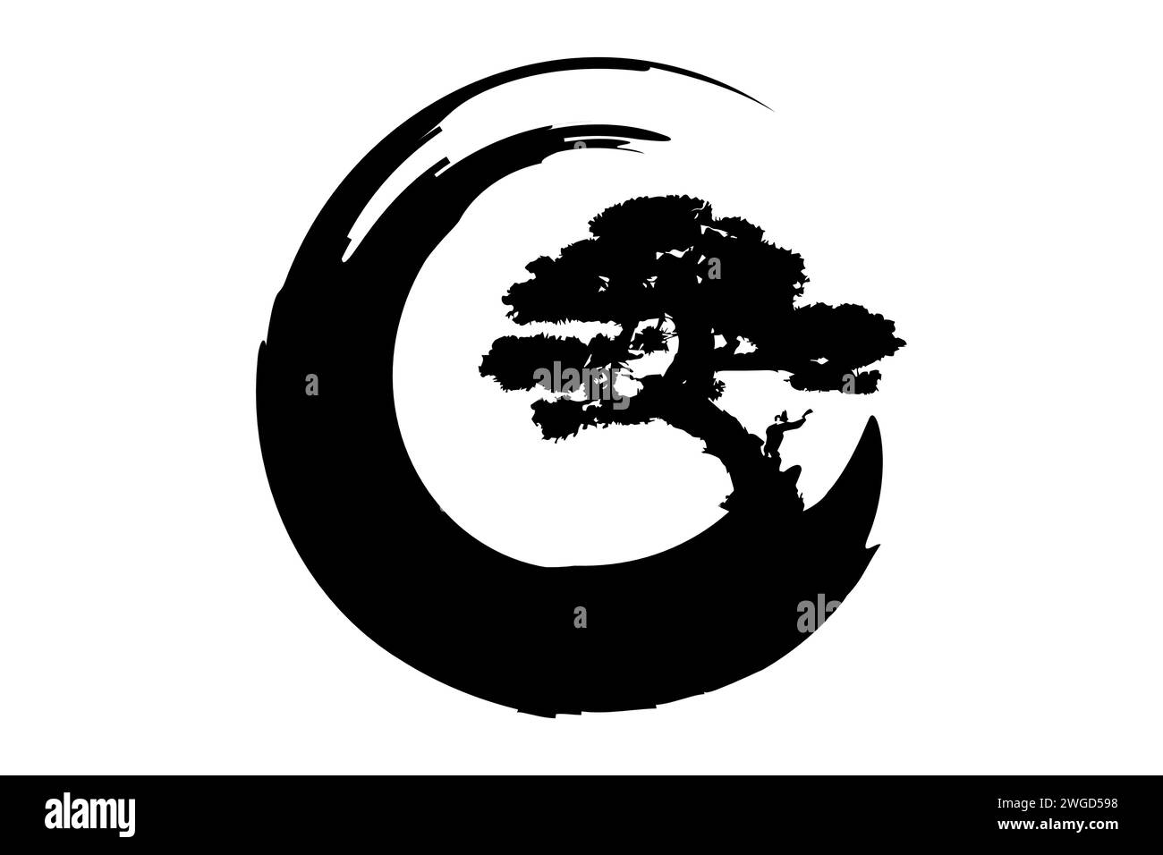 Enso Zen Circle and Bonsai Tree, handdrawn with black ink in