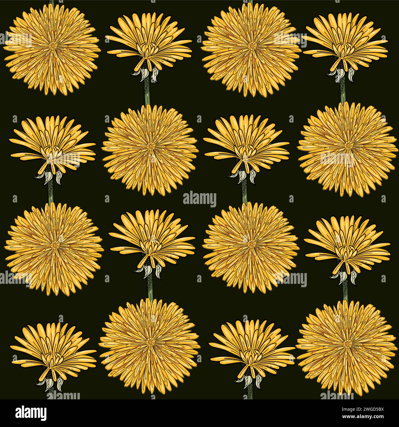 Seamless pattern dandelion flower head hand drawn colorful sketch for drawing book vector illustration on brown background Stock Vector