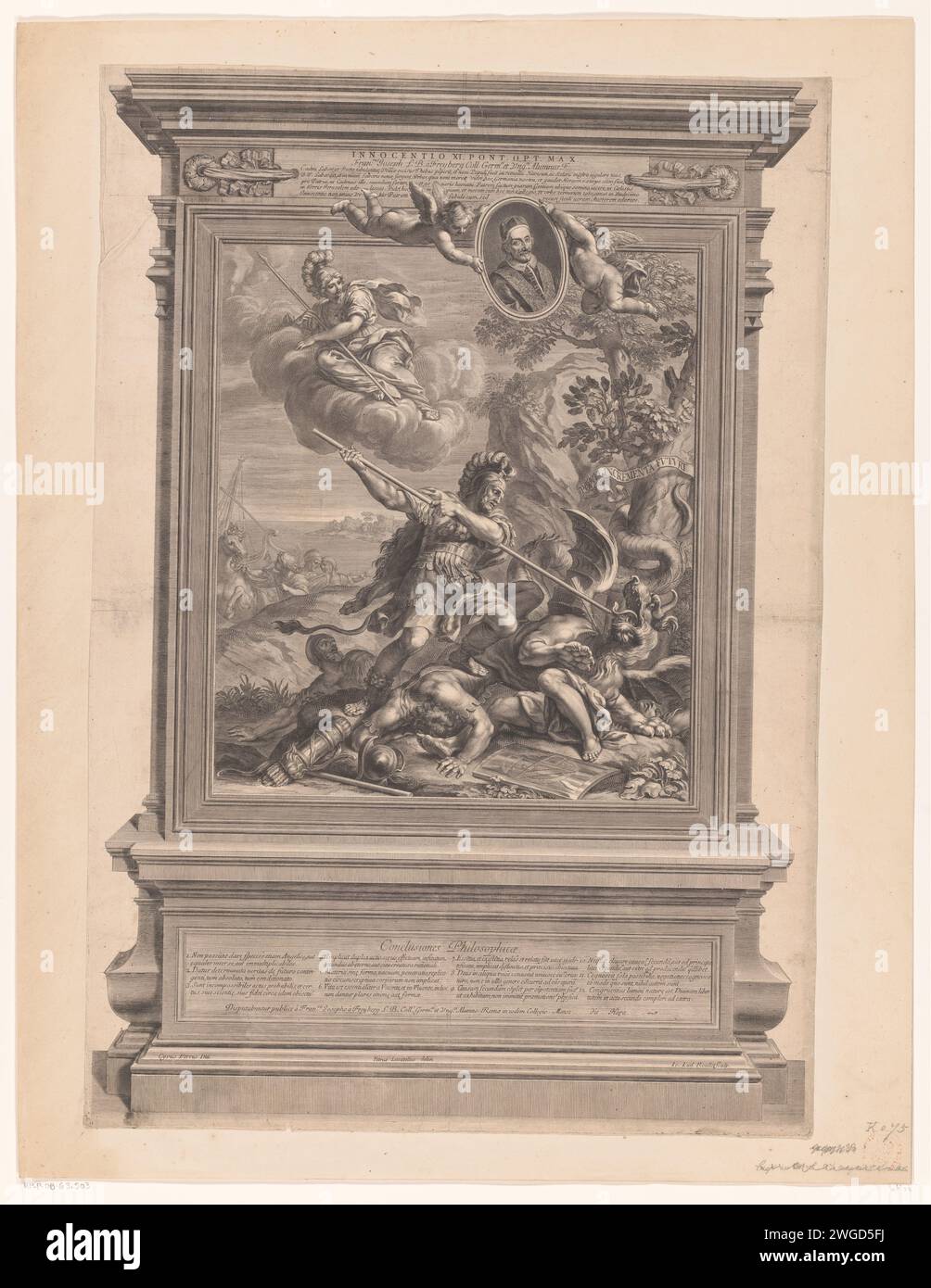 Cadmus kills De Draak, Jean Louis Roullet, After Pietro Locatelli, After Ciro Ferri, 1655 - 1699 print   paper engraving / etching Cadmus slays the dragon. philosophy Stock Photo