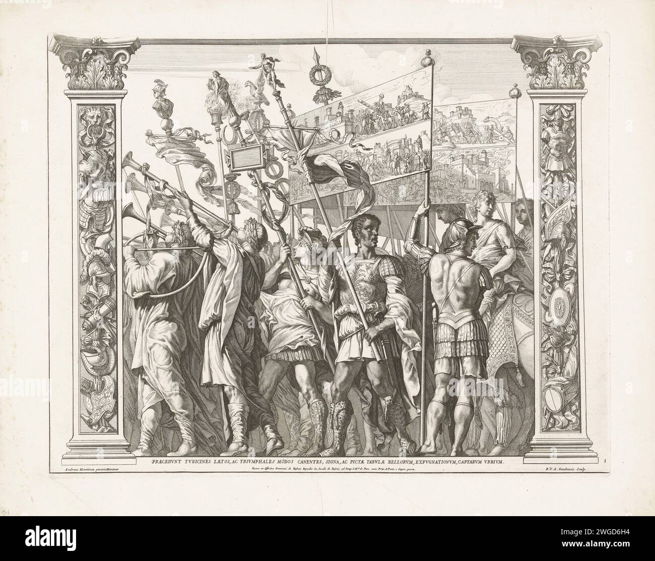 Soldiers wear banners with the heroic deeds of Caesar, Robert van Audenaerd, after Andrea Mantegna, 1692 print Soldiers from the different regions of the Holy Roman Empire are joining in a parade in honor of Julius Caesar. They wear banners with scenes of successful sieges of cities. Rome paper etching / engraving triumph of Caesar Stock Photo