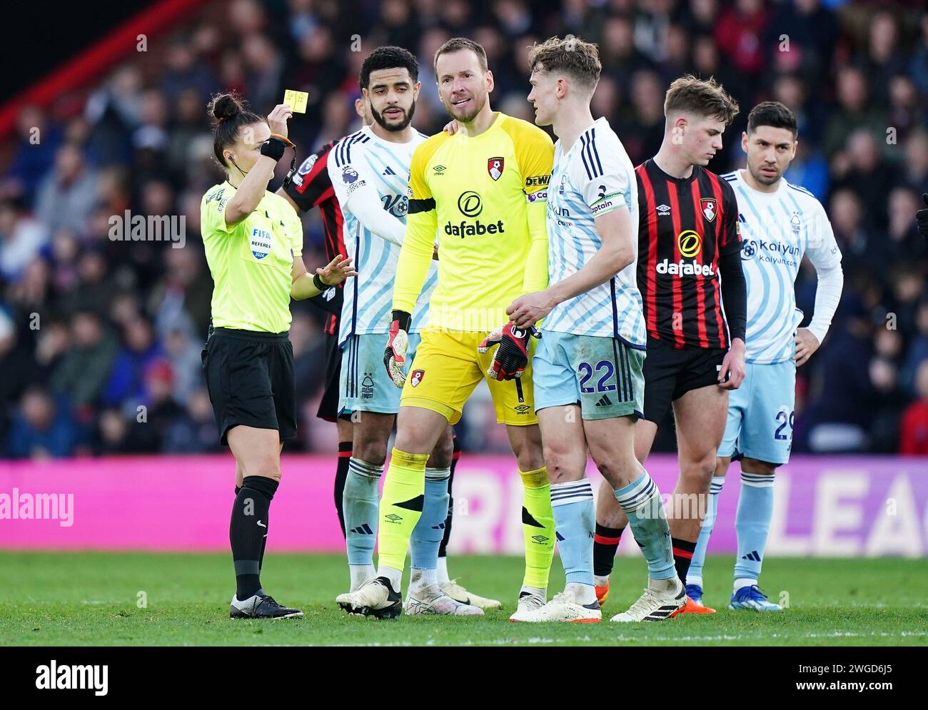Bournemouth goalkeeper Neto (centre) is shown a yellow card by referee Rebecca Welch (left) for dissent during the Premier League match at the Vitality Stadium, Bournemouth. Picture date: Sunday February 4, 2024. Stock Photo
