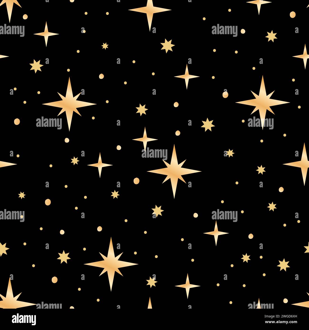 Golden Stars on Black Background Vector Seamless Pattern. Simple Night ...