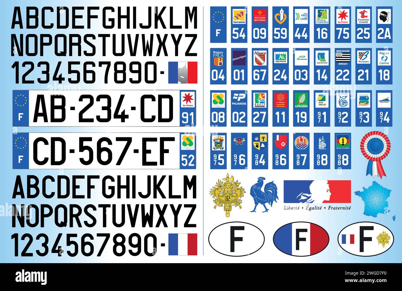 France car license plate pattern, letters, numbers and symbols, vector illustration, European Union Stock Vector