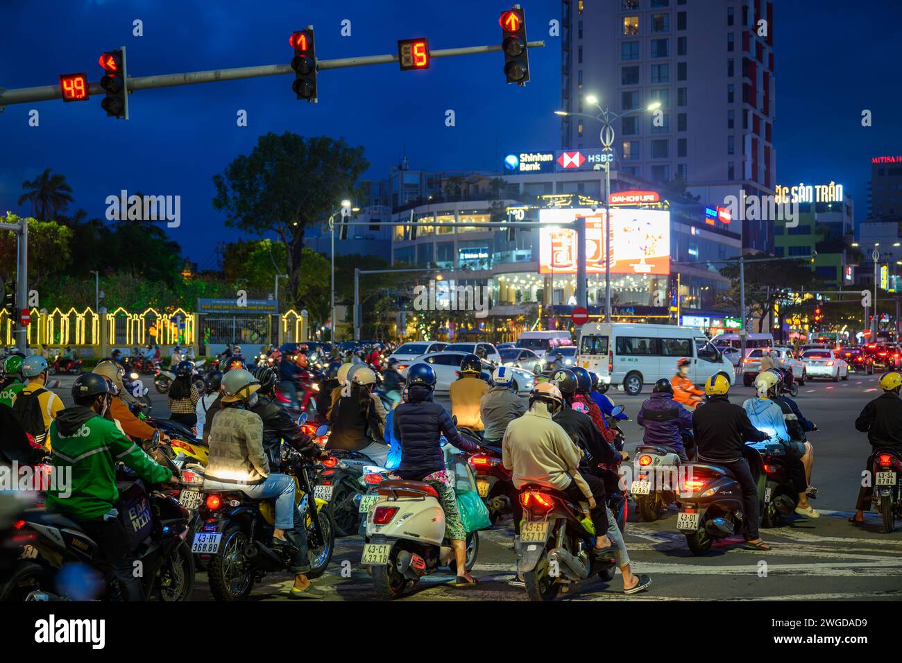Rush hour traffic waiting at traffic lights in Da Nang. Vietnam Stock Photo