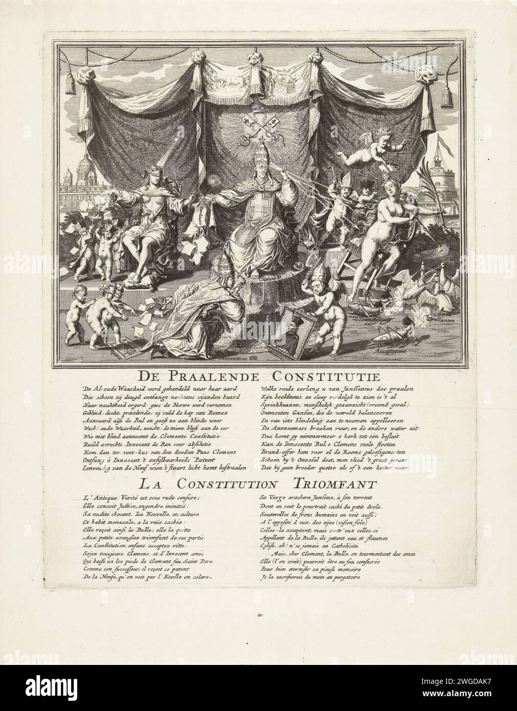 Allegorie op de Bul of Constitution Unigenitus van Paus Clement 11, ca. 1723-1724, 1723 - 1724 print Allegory on the Bul of Constitution Unigenitus of Pope Clemens XI regarding the infallibility of the Pope and against the ideas of the Jansenists, ca. 1723-1724. Central Pope Clemens XI on a throne, his feet are kissed by Pope Innocent XIII, on the left the blinded church, on the right the truth of her throne falls. Portraits of Quesnel and Janssenius are trampled or chopped. In the background Sint-Pieter and the Engelenburcht in Rome. In the captions verses in Dutch and French. Northern Nether Stock Photo