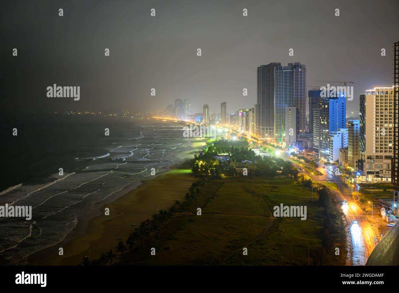 A cityscape picture of Da Nang Beach at night, Vietnam Stock Photo