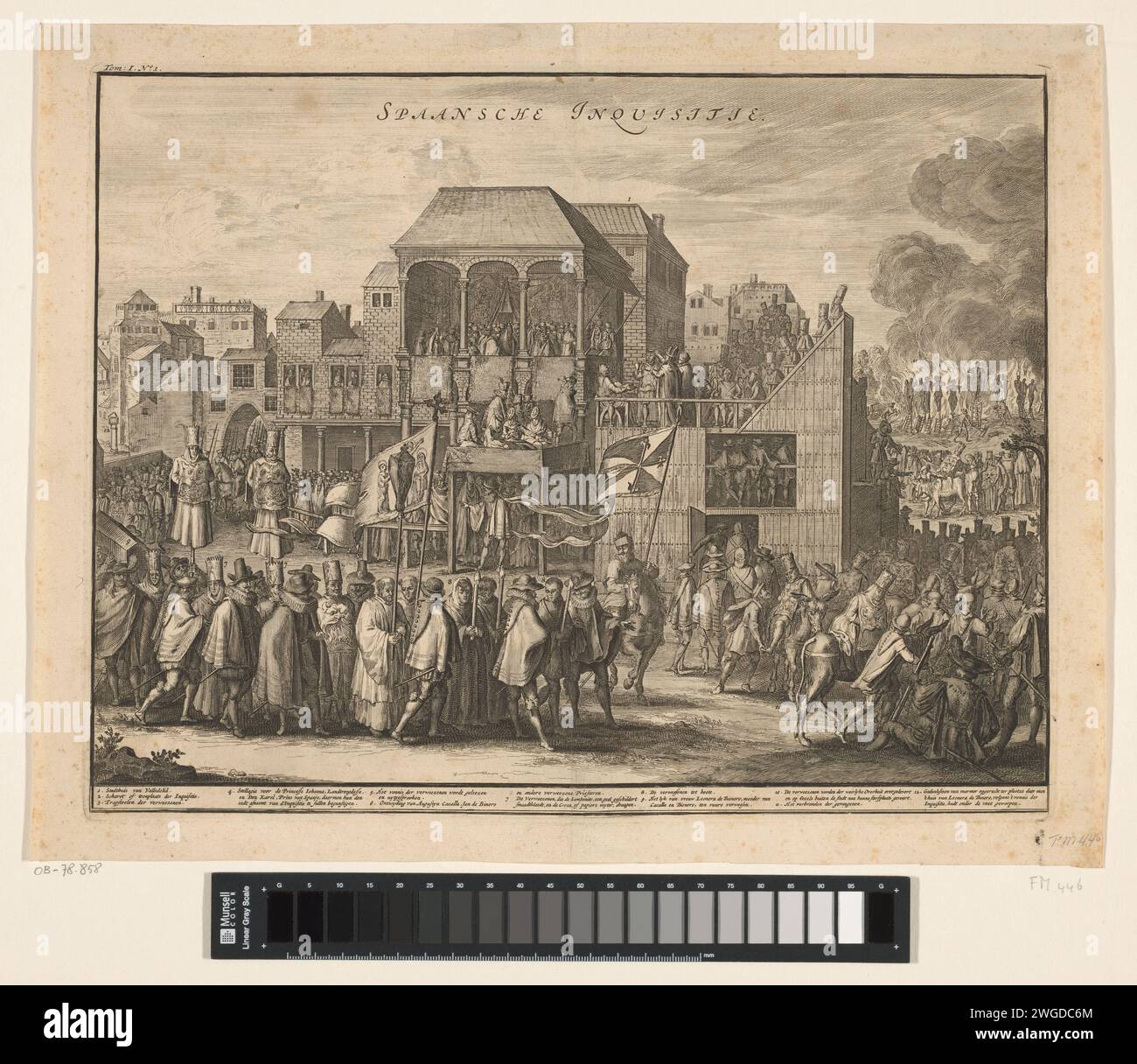 Auto-d-Fe in Valladolid, 1558, 1701-1703 print Auto-Da-Fe (Autodafe) in Valladolid, 21 May 1558. Procession of around thirty Protestants convicted by the Spanish Inquisition to a place outside the city where they are burned at the stake. In the middle a building with dignitaries, a wooden grandstand on the right on which the heretics are convicted. The convicted people wear special headgear (Capirote) and mantle with a performance of the Hellemond. In caption De Legenda 1-12 in Dutch. Northern Netherlands paper etching execution of heretic, e.g. by burning at the stake, 'auto-da-fé' Valladolid Stock Photo