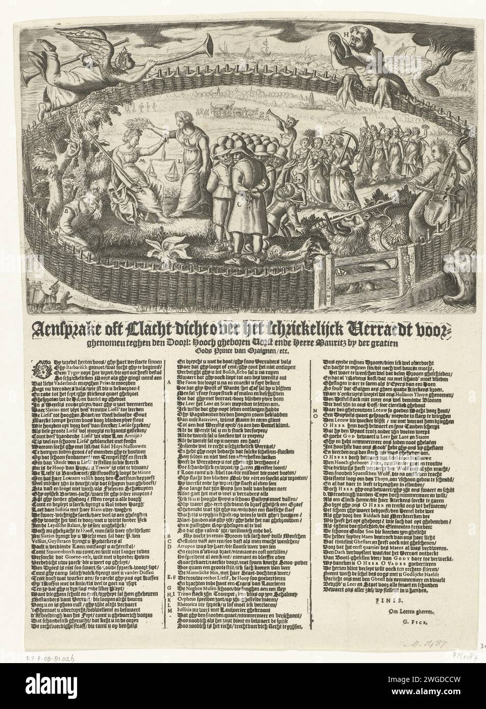 Allegory on the capture of the conspirators against Maurits, 1623, 1623 print Allegory on the capture of the conspirators against Maurits, 1623. In the Dutch garden there are the captured conspirators. On the left, Rhetorica crowns justice, on the right a parade of love and hope followed by nine muses. Orpheus plays on a cello, the Hollandse Leeuw is waiting at the gate. In the air the fame, from the water, triton blows on his horn. Printed under the plate 3 columns text in Dutch. print maker: Northern Netherlandspublisher: Amsterdam paper engraving / letterpress printing (revolutionary) plot, Stock Photo