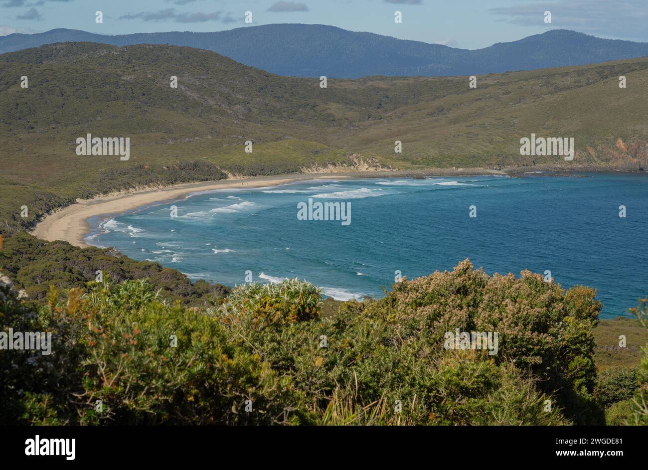 Looking east from Cape Bruny into Lighthouse Bay, Bruny Island, Tasmania. Stock Photo