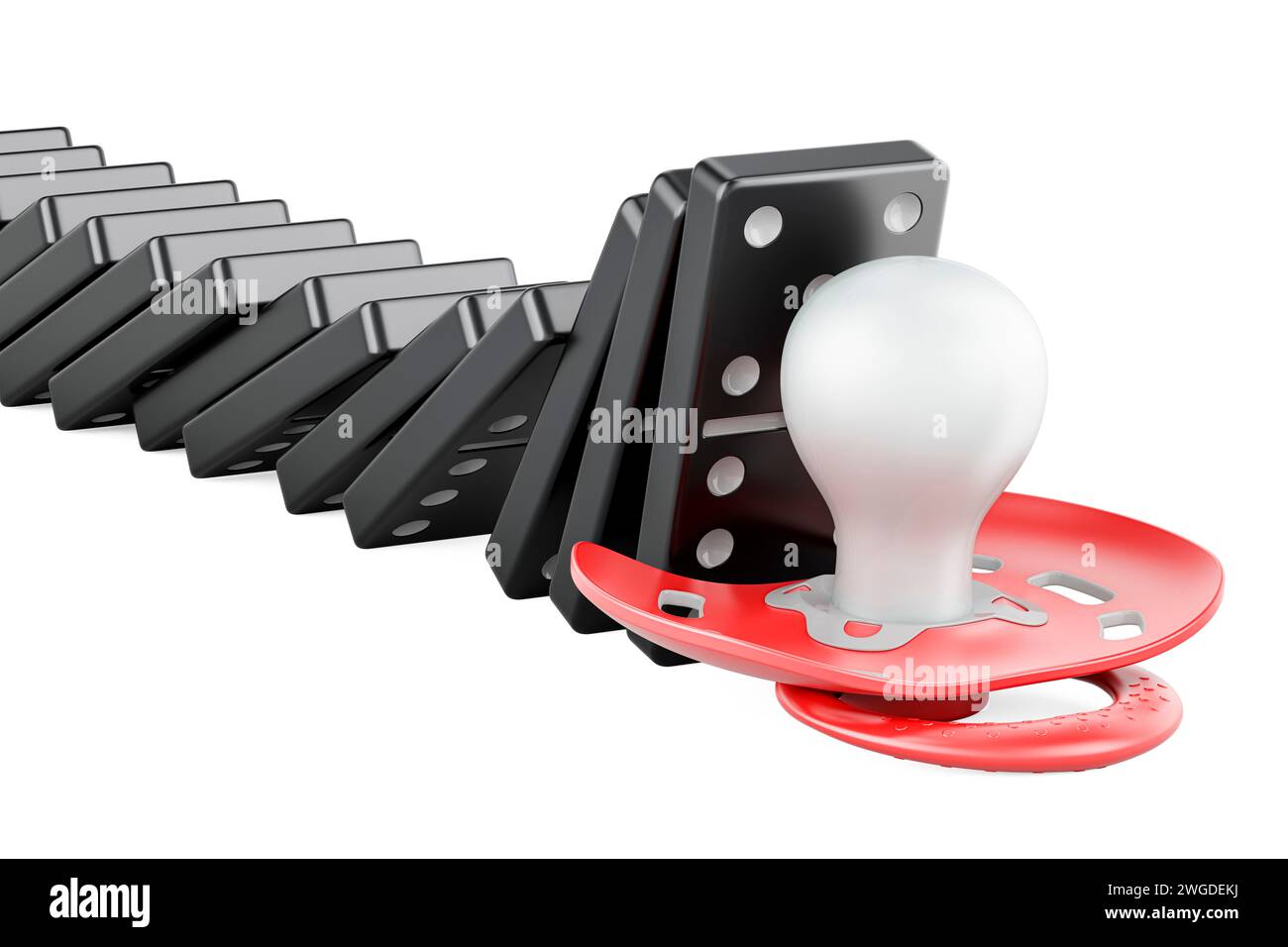 Baby pacifier stopped domino effect, 3D rendering isolated on white ...