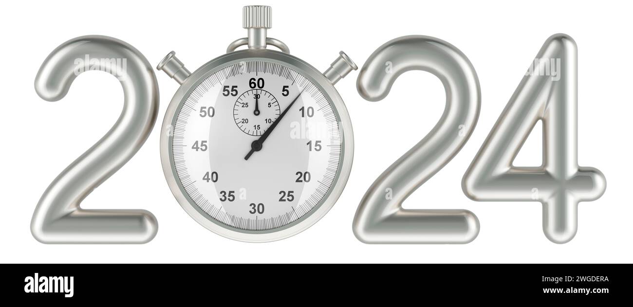 Silver 2024 with stopwatch, 3D rendering isolated on white background ...