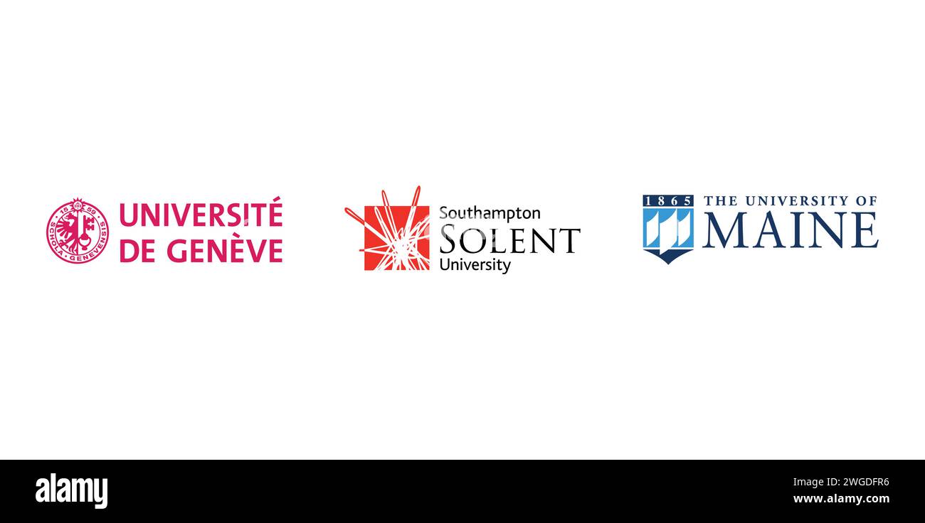 Southampton Solent University, University of Geneve, University of Maine. Editorial brand emblem. Stock Vector