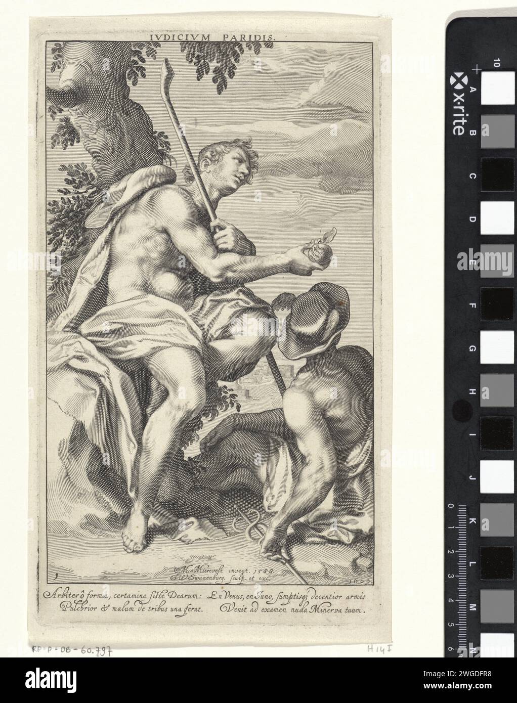 Paris and Mercury, Willem Isaacsz. van Swanenburg, after Michiel Jansz van Mierevelt, 1609 print Paris is sitting under a tree. In his left hand he has a shepherd's staff and in his right hand an apple with the inscription 'Detur Pulchiori'. Mercury is on his feet. He wears a winged hat and holds a caduceus. Under the performance is a four -line, Latin text with a description of the judgment. print maker: Leidenafter design by: Delft (possibly) paper engraving the Judgement of Paris (Mercury present) Stock Photo