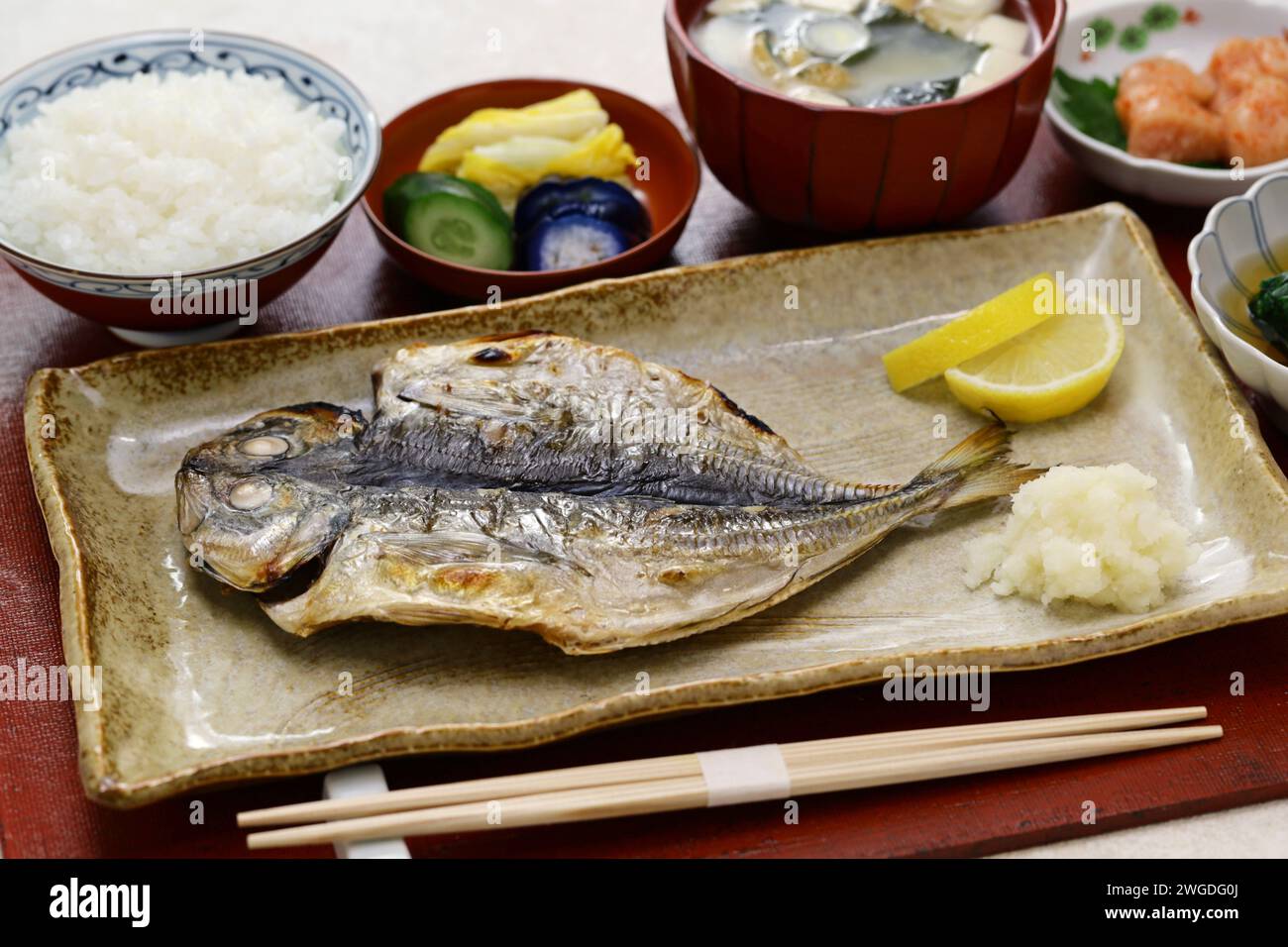 grilled fish (semi-dried horse mackerel) set meal, traditional Japanese breakfast Stock Photo