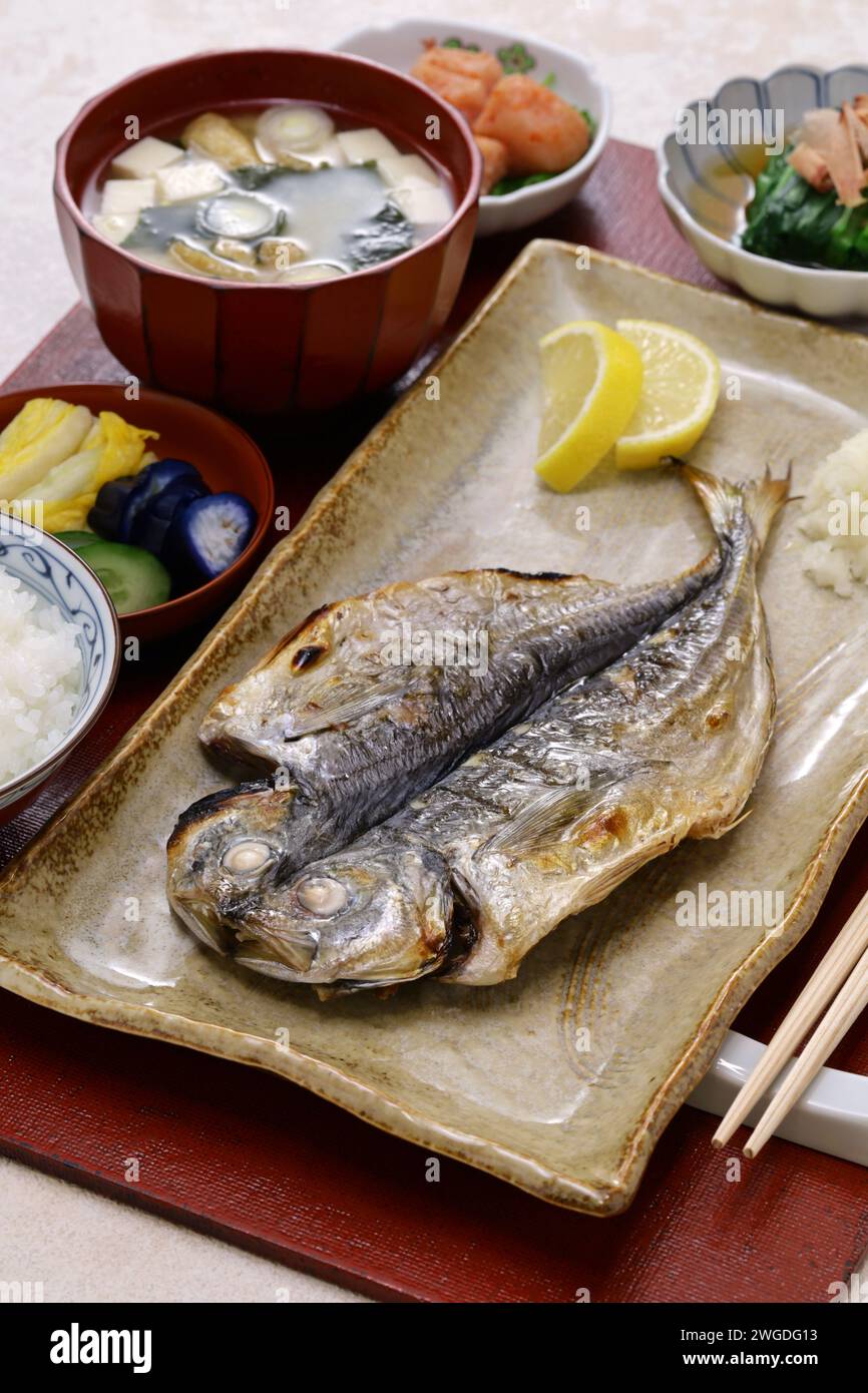 grilled fish (semidried horse mackerel) set meal, traditional Japanese