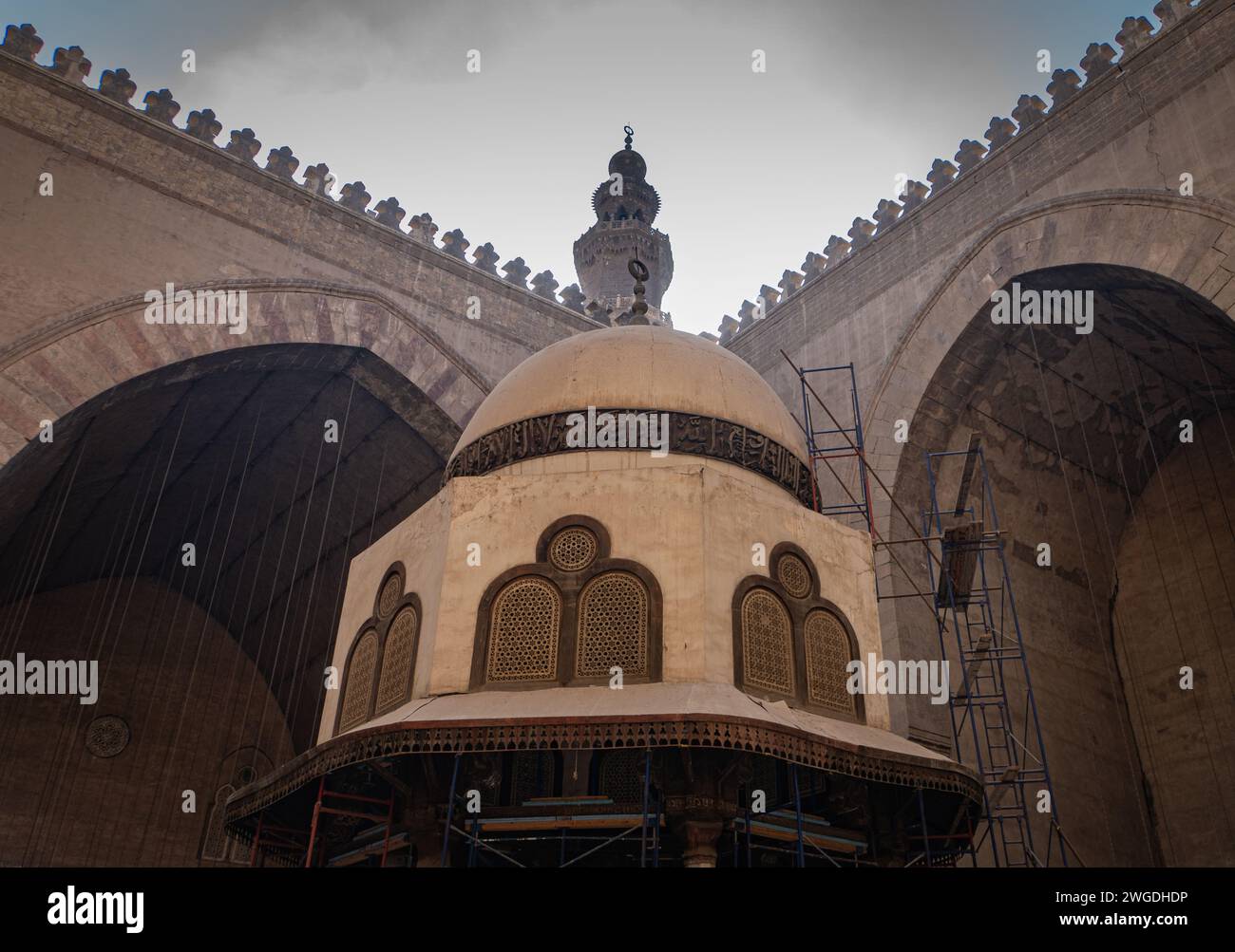 mosque court yard of the Sultan Hassan Mosque, in Fatimid or Medieval  Cairo , Egypt Stock Photo