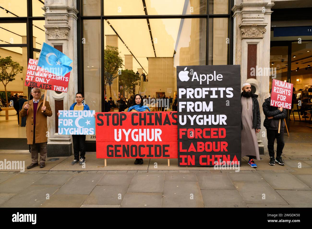 A demonstration outside the Regent Street Apple Store in London, protesting Apple's alleged involvement in the forced labour of the Uyghur community i Stock Photo
