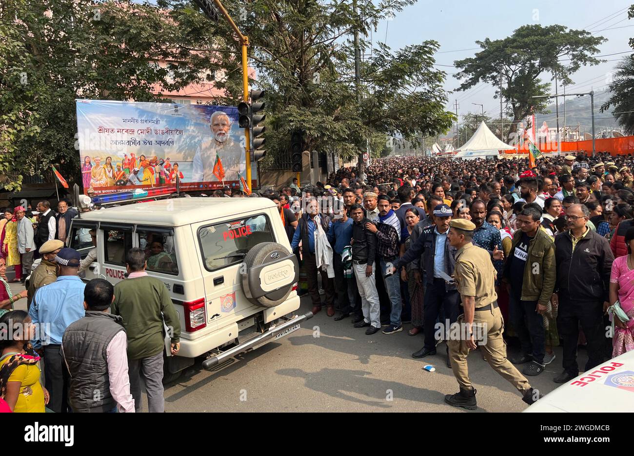 February 4 2024 Police Personnel Stops People To Pass Indias Prime   February 4 2024 Police Personnel Stops People To Pass Indias Prime Minister Narendra Modis Convoy After A Public Rally In Guwahati Assam India On 4 February 2024 Credit Image David Talukdarzuma Press Wire Editorial Usage Only! Not For Commercial Usage! 2WGDMCB 